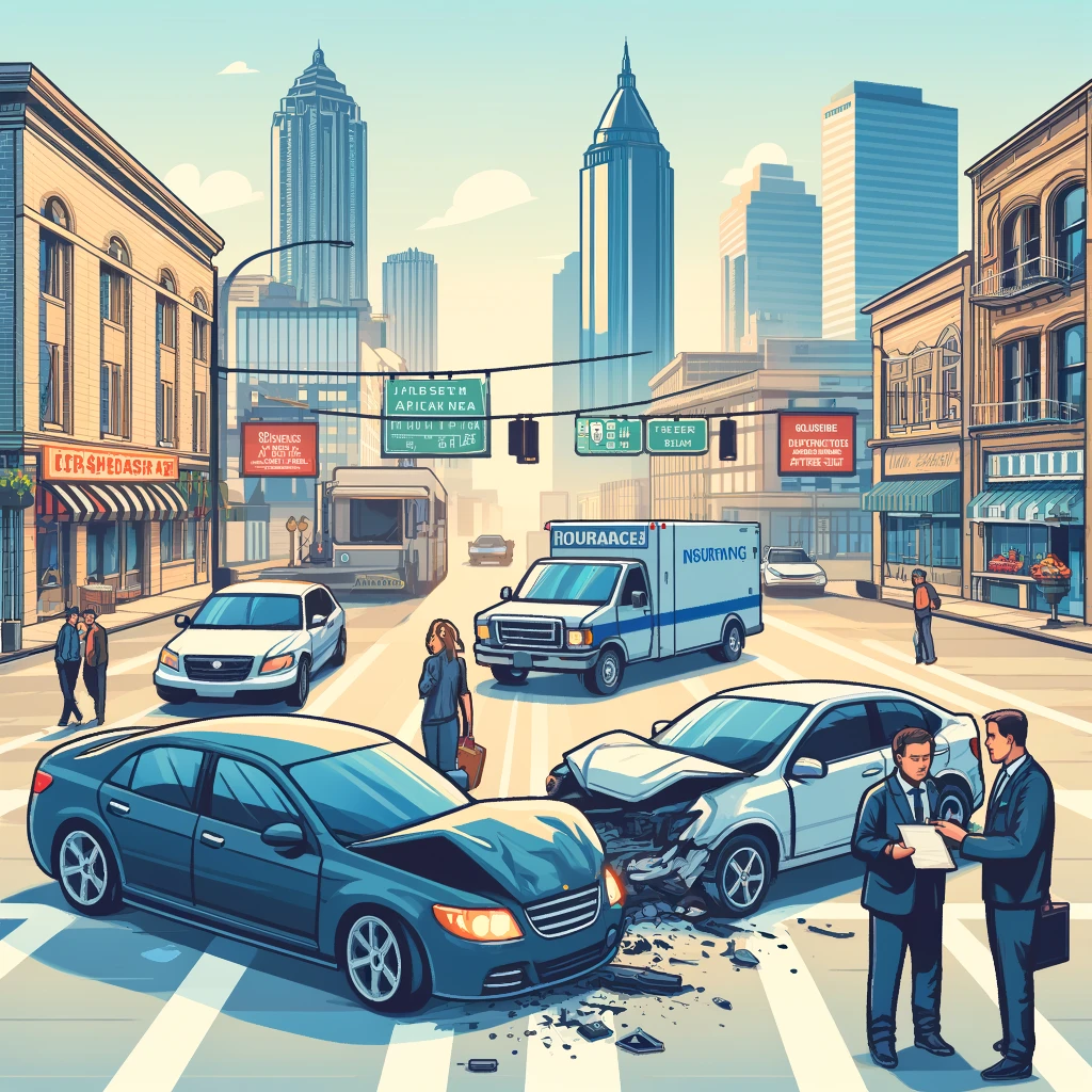Illustration of a car accident in a bustling city street with skyscrapers in the background, symbolizing Atlanta. Two cars have collided at an intersection, showing minor damages. People are calmly standing by, including two individuals presumably exchanging insurance information in the foreground. A delivery van with 'INSURING' written on it is passing by, adding to the insurance theme of the scene.