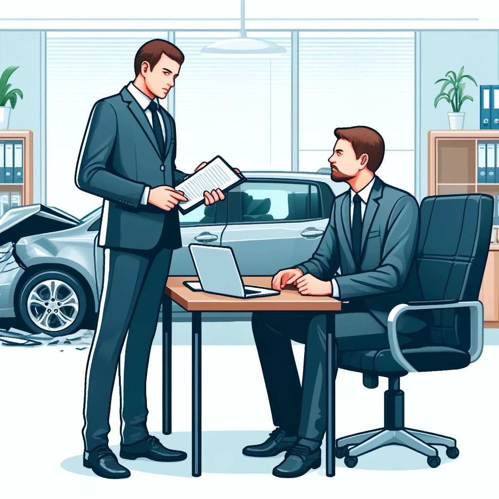Illustration of two men in a professional office setting, having a discussion over a car accident insurance claim. One man, likely an insurance agent, is standing and holding documents, presenting them to the other man who is seated at a desk with a laptop, possibly the car owner. In the background, a crashed car is visible through the window, emphasizing the context of their discussion.