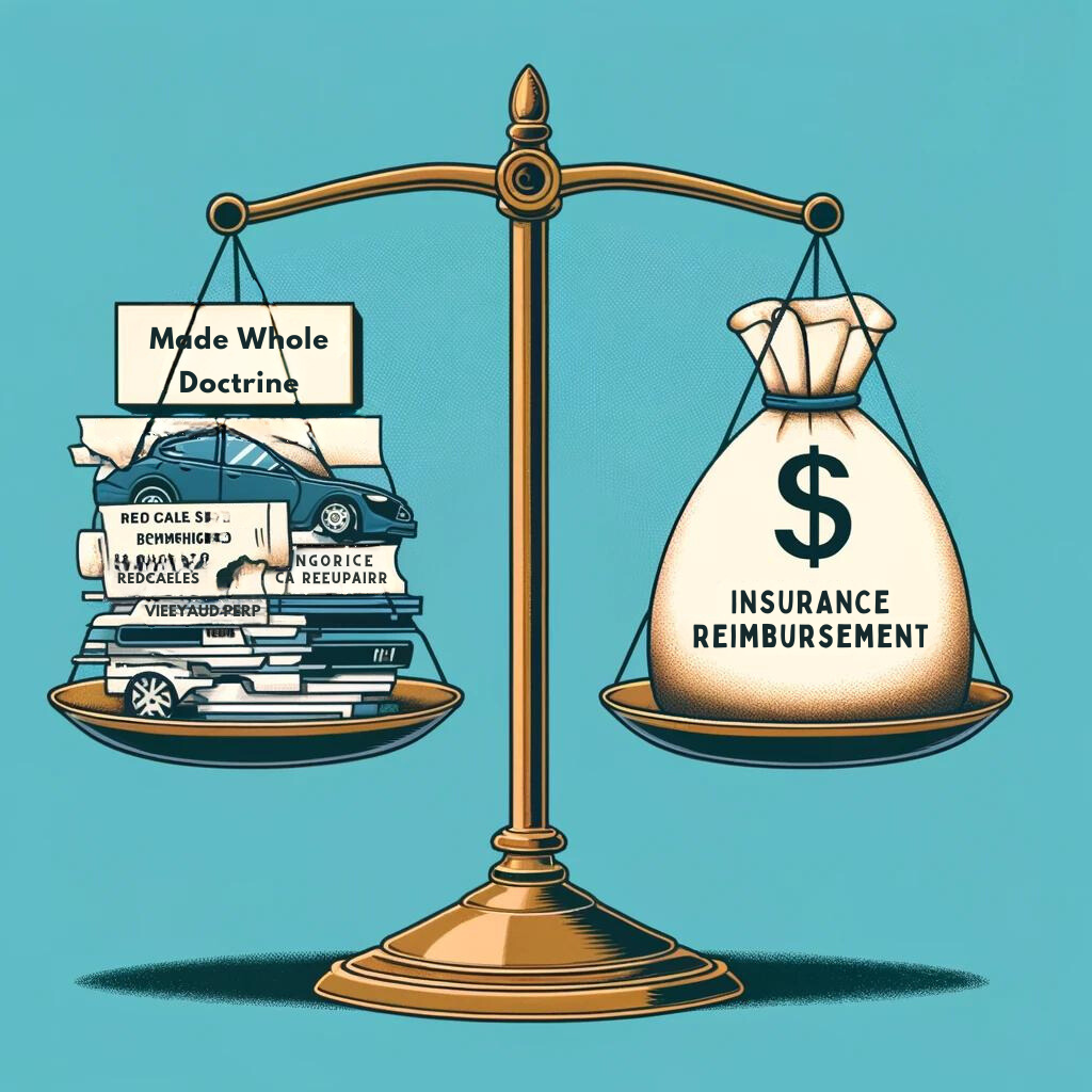 Infographic showcasing a balanced scale with two sides. On one side, there's a pile of documents and a damaged car, labeled with 'Made Whole Doctrine.' The other side holds a money bag labeled 'Insurance Reimbursement,' suggesting a financial balance between legal principles and insurance payouts in the context of car accidents.